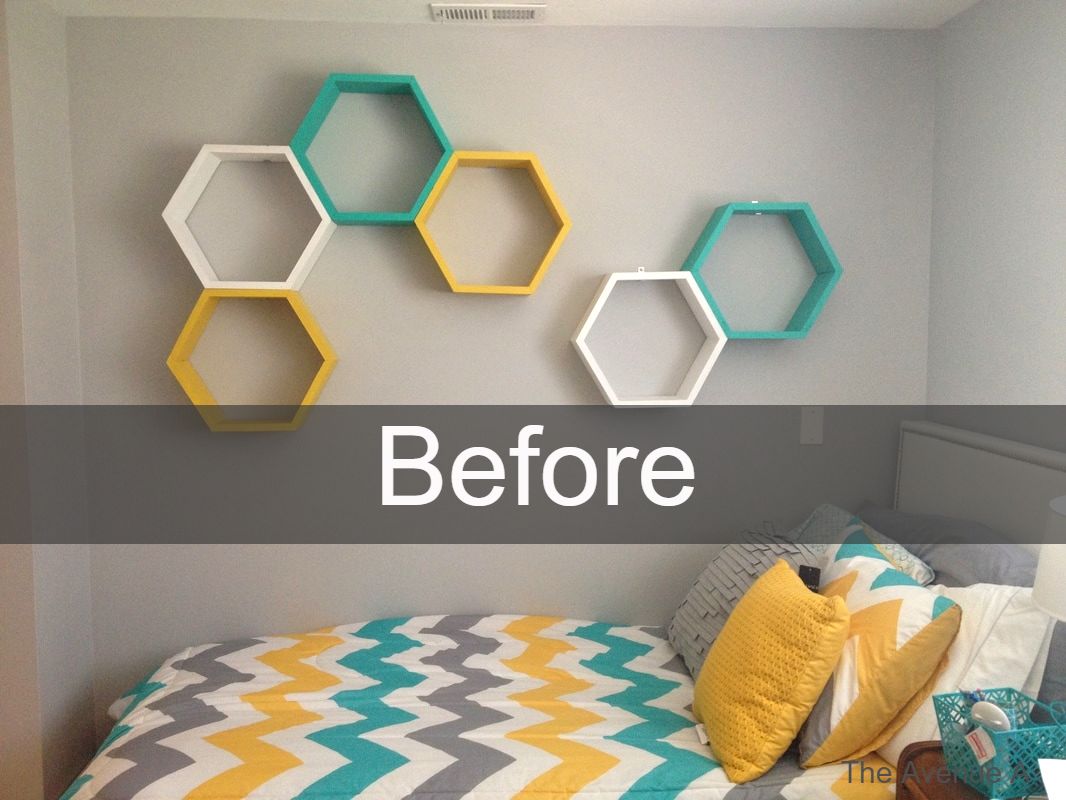 Gray wall teal and mustard color scheme twin Bedroom Layout before