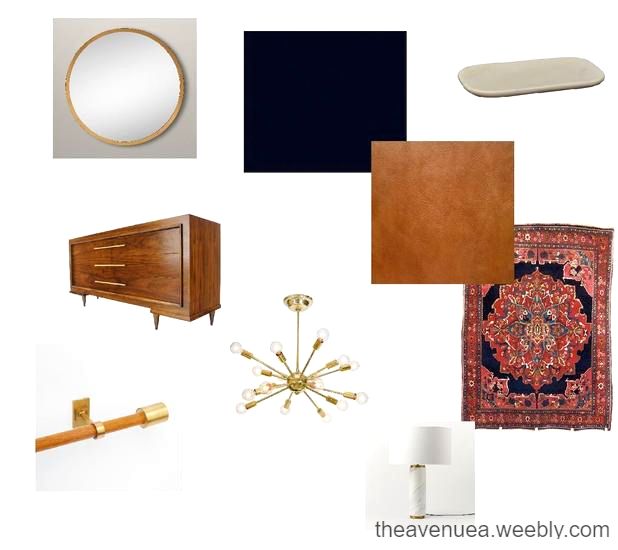 Navy, Brass, Tan Leather Bedroom color scheme. This color scheme includes woods, brass, sputnik chandelier, kilm Persian rug, large round brass mirror and marble.  - The Avenue A