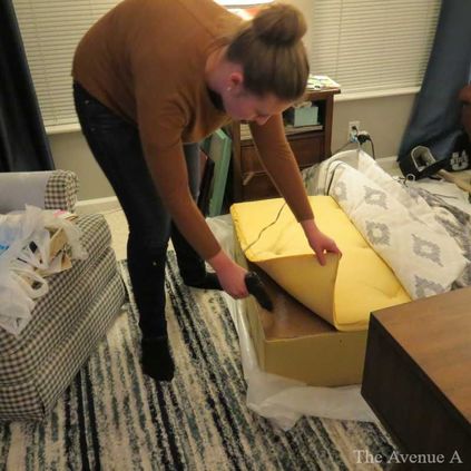 How to reupholster a thrift store square ottoman for $61 - The Avenue A