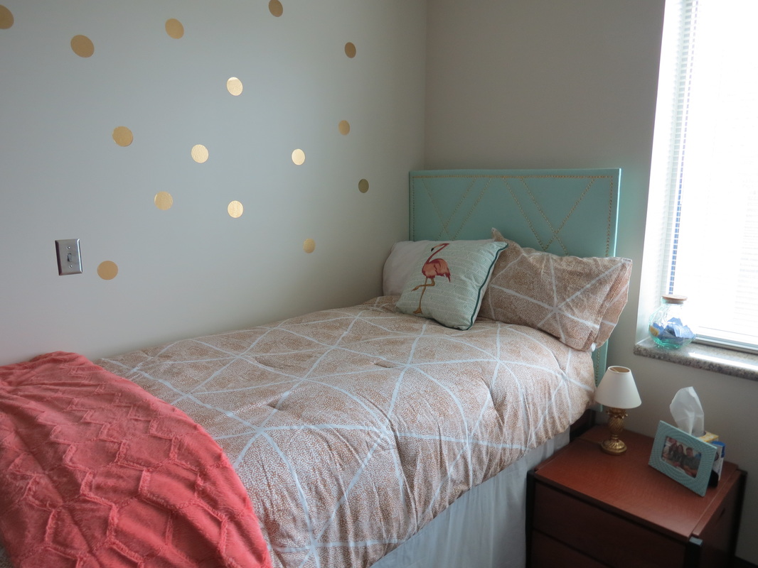 The Avenue A- Having 4th of July with College roommates family and College Dorm Reveal. All at BYU Heritage Halls! Check out the awesome color scheme of Pastels with gold accents. DIY Gold polka dots wall stickets and DIY west elm west elm headboard.