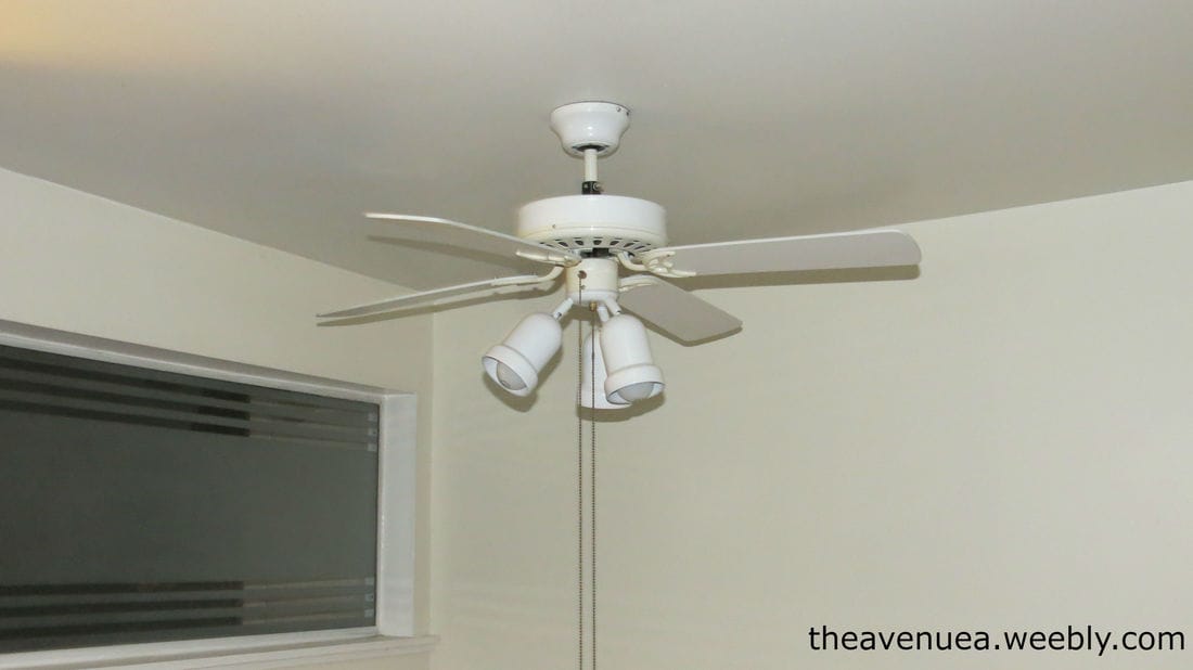 Ceiling fan to be replaced by the thrift store chandelier