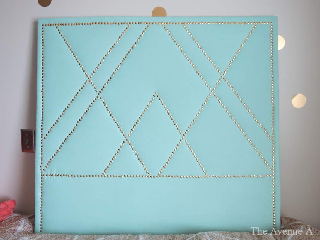 DIY College Dorm Room Tour. Pastel colors mint and coral with gold accents . DIY West Elm Nail Head-trim headboard in mint with gold nail head