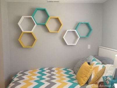 Teenage Girl Room Teal, Mustard, White Hexagon with chevron bedspread and grey walls